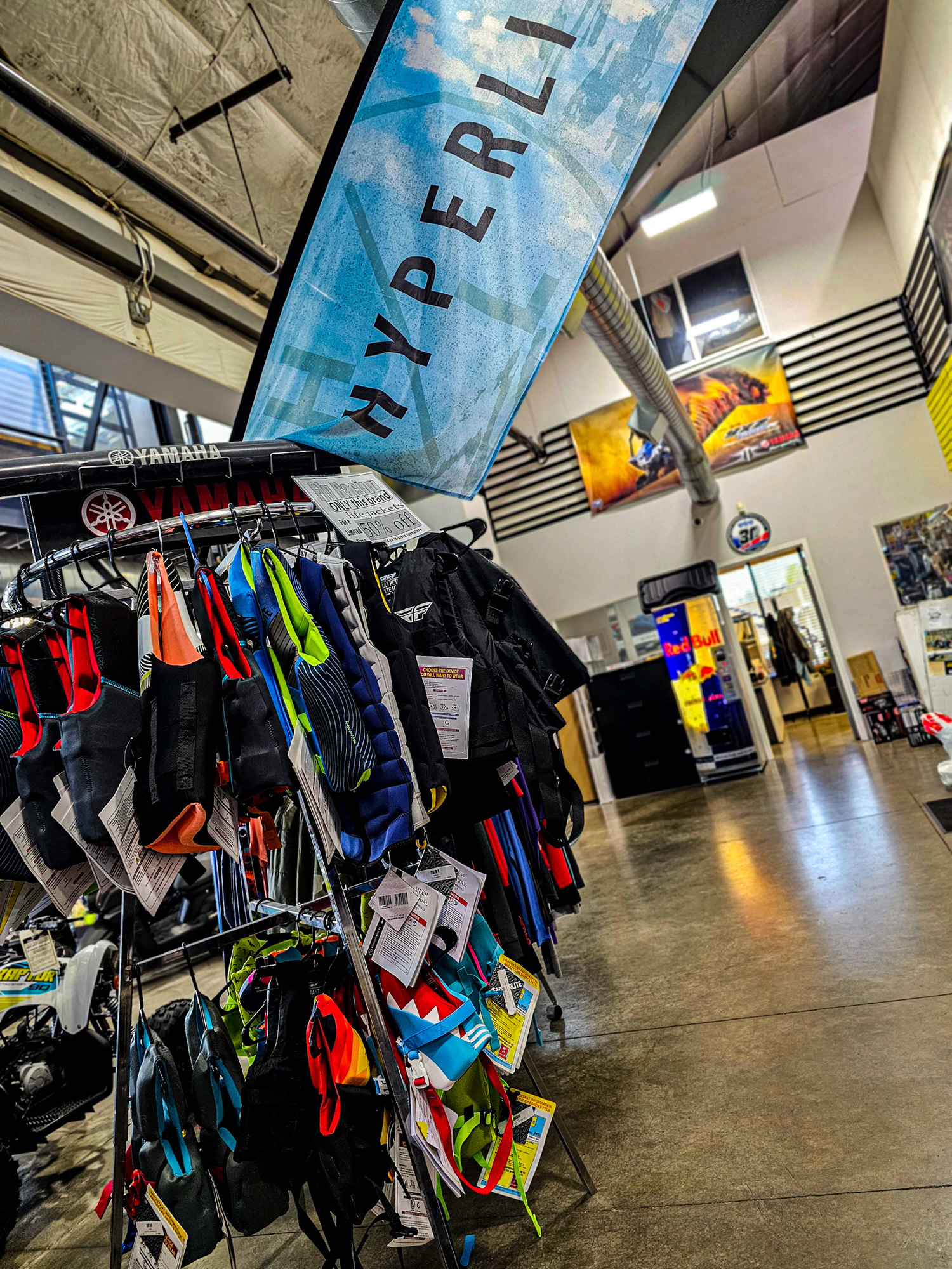 Life jackets for sale, rack with a huge selection of life jackets for boating in colorado