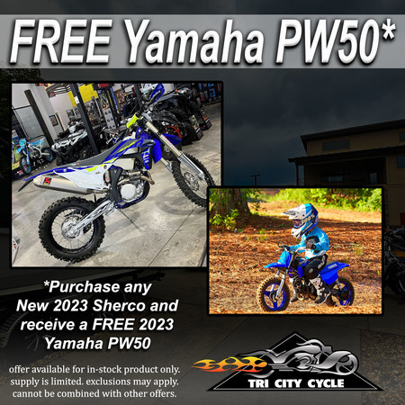 Purchase any new 2023 Sherco and receive a free 2023 Yamaha PW50